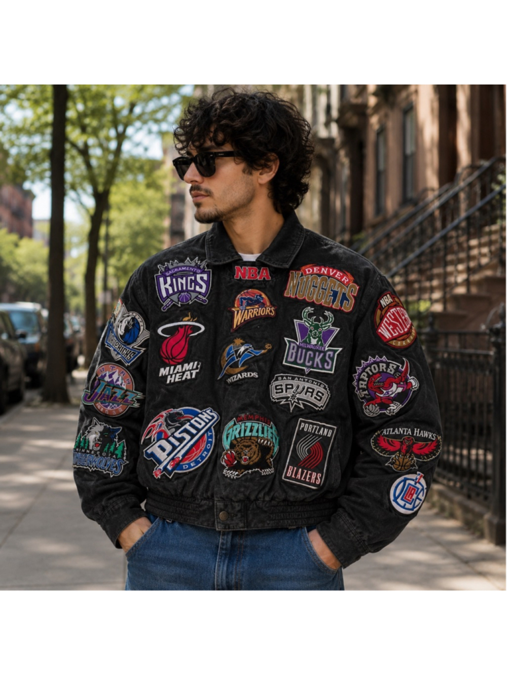 Vintage Jeff Hamilton NBA Patch Leather Bomber Jacket XL Rare Y2K Streetwear